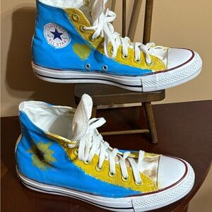 Converse Hand-Painted High Top Sneakers — Blue, Yellow & White Mens size 7